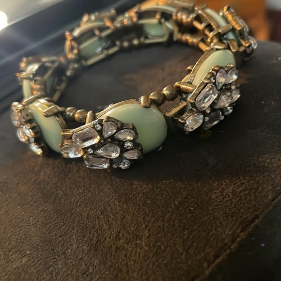 Vintage glass mint cabs clear crystals brass stretch Bracelet - Picture 4 of 6